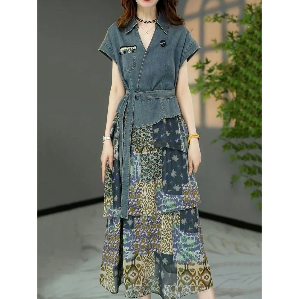 韩系牛仔拼接假两件连衣裙女2025夏季新款时尚洋气收腰显瘦A字裙