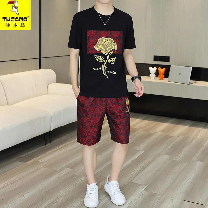 TUCANO/啄木鳥新款圆领休闲刺绣短袖T恤男夏季个性百搭时尚五分裤