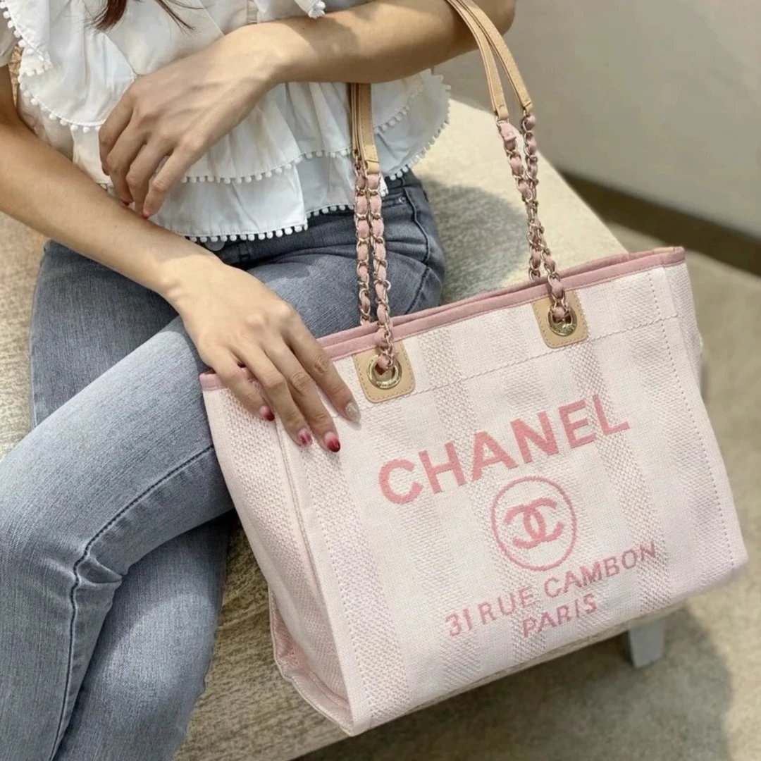 99新 Chanel/香奈儿 7姐专场/粉色帆布 沙滩包 托特包