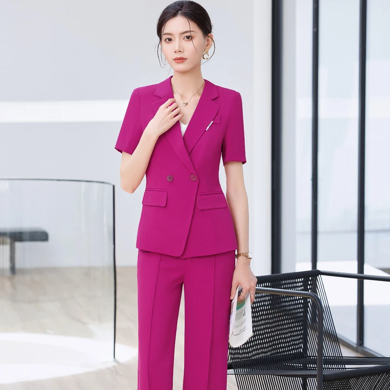 火龙果色短袖西装套装女2025夏季高级感休闲时尚职业工作服两件套