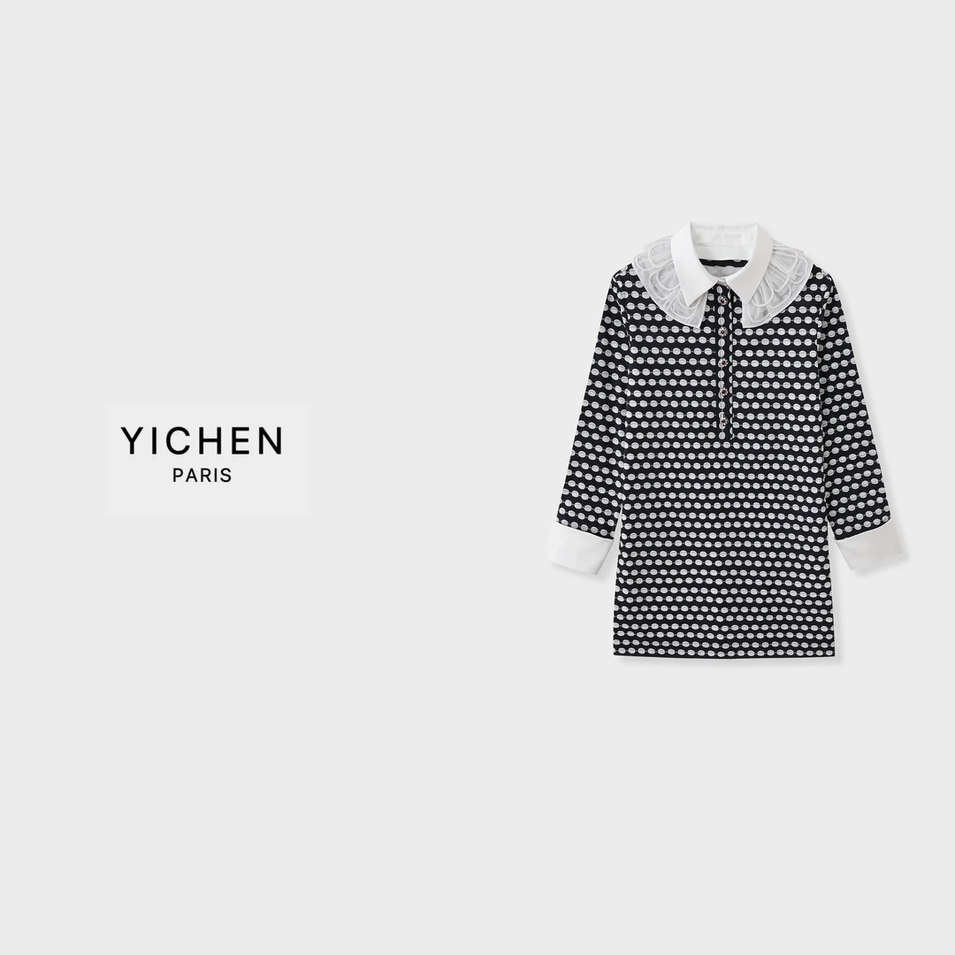 YC 24A黑白波点印花拼接小翻领单排扣宽松连衣裙-1659