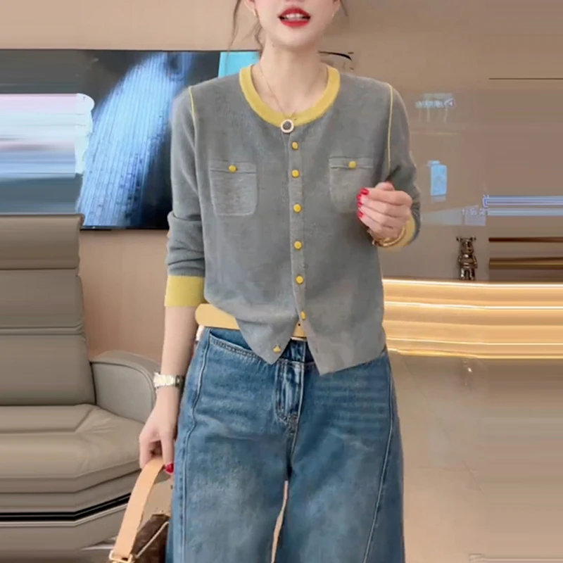 春季新款针织衫女设计感拼接撞色圆领毛衣开衫外套显瘦百搭上衣潮