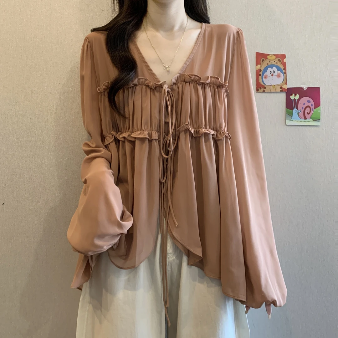 大码气质温柔风V领抽褶防晒雪纺衫夏秋胖MM新款宽松遮肚减龄上衣