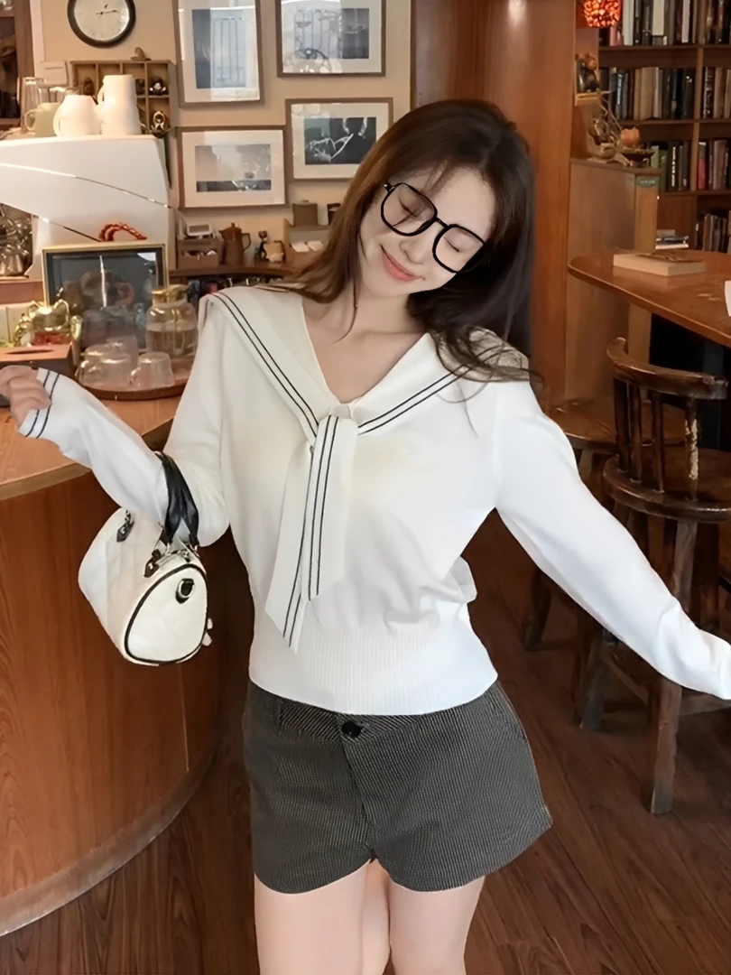 海军领针织衫女2025秋季新款减龄百搭氛围感早秋外搭毛衣