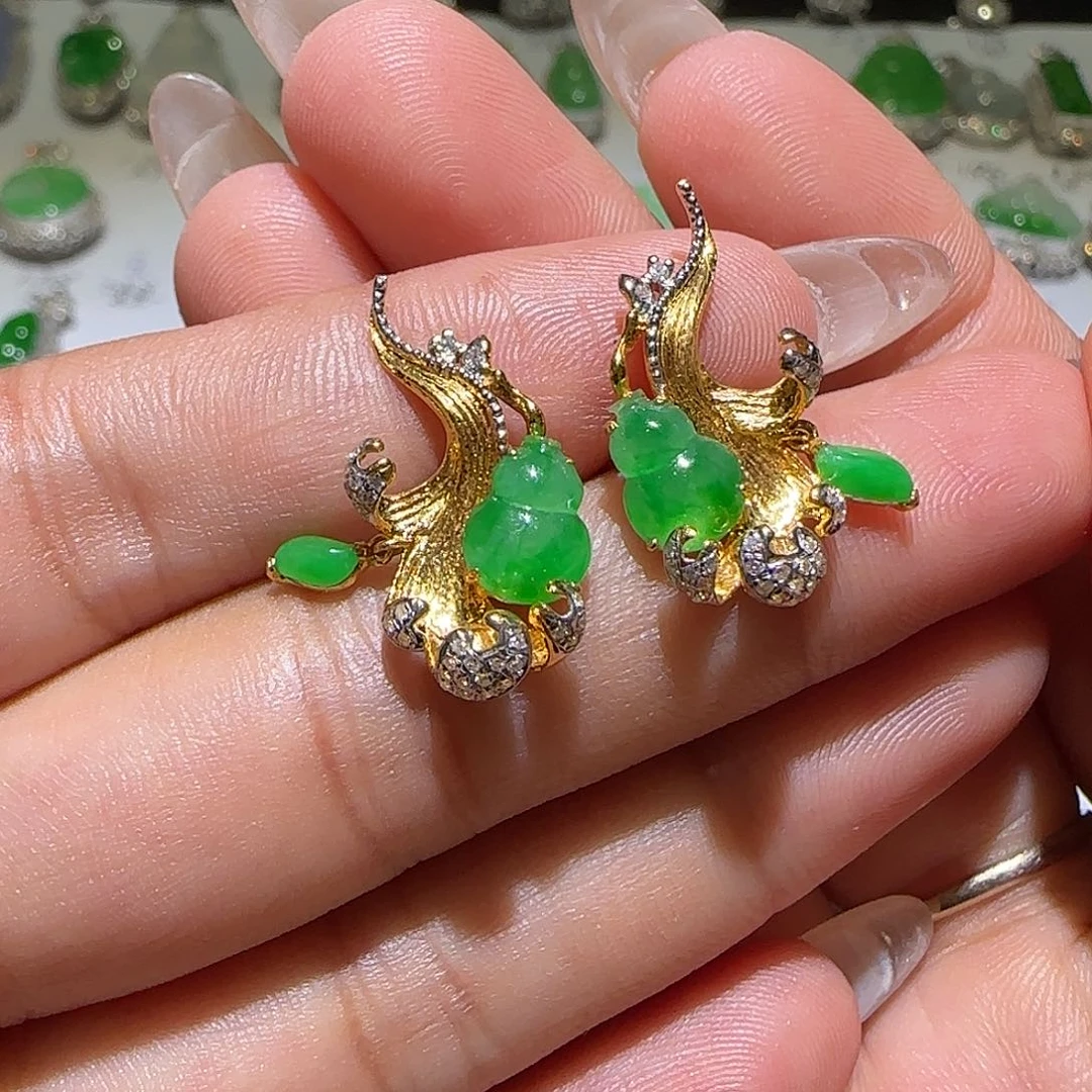 【闪购商品】翡翠18K金镶嵌耳饰天然