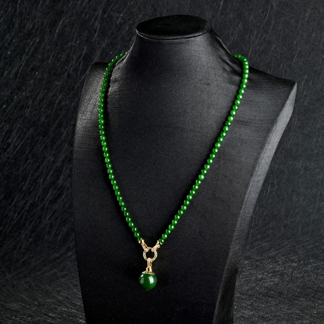 【玲珑】B0144碧玉大珠项链5-6mm可调节项链带美人痣单链