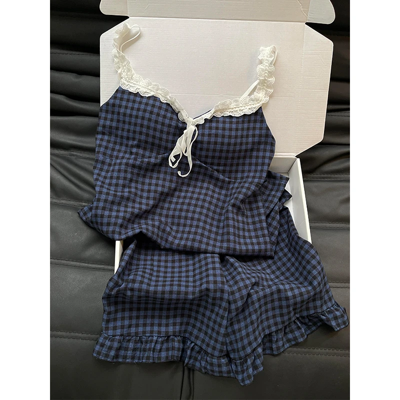 【格纹蕾丝花边】韩系甜美可爱睡衣女夏季新款吊带短裤家居服两件套