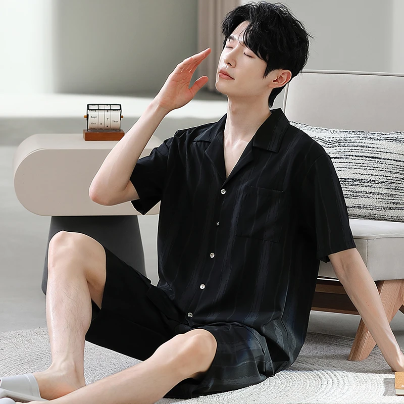冰爽丝男款睡衣短袖夏季冰丝清凉夏天男士青年休闲翻领家居服套装