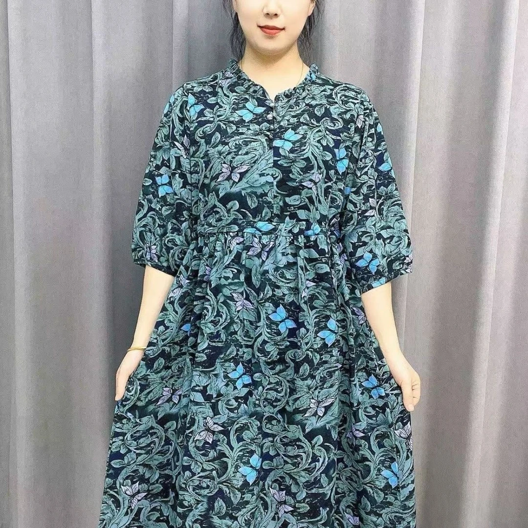蓝蝶2025夏季新款显瘦宽松气质收腰时尚妈妈休闲连衣裙碎花裙子