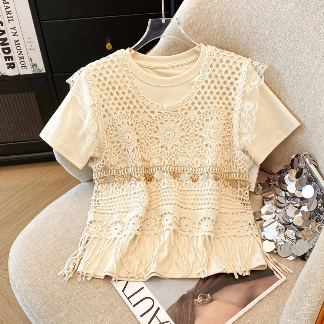 2025夏季新款百搭复古流苏镂空钩花针织拼接蕾丝边两件套女TT063