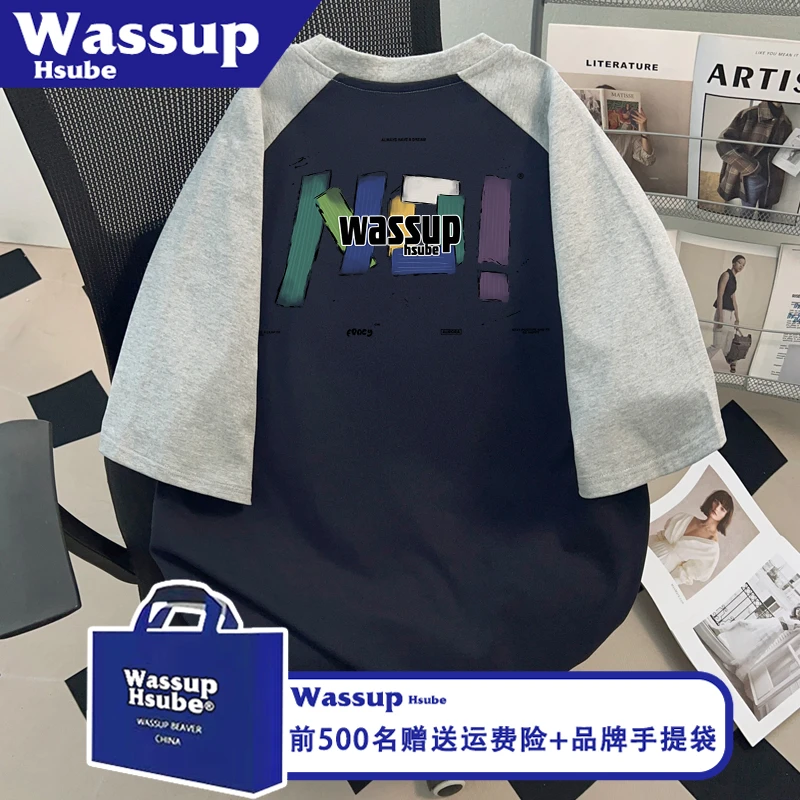WASSUP HSUBE夏季纯棉国潮短袖插肩透气创意印花T恤ins男女款半袖