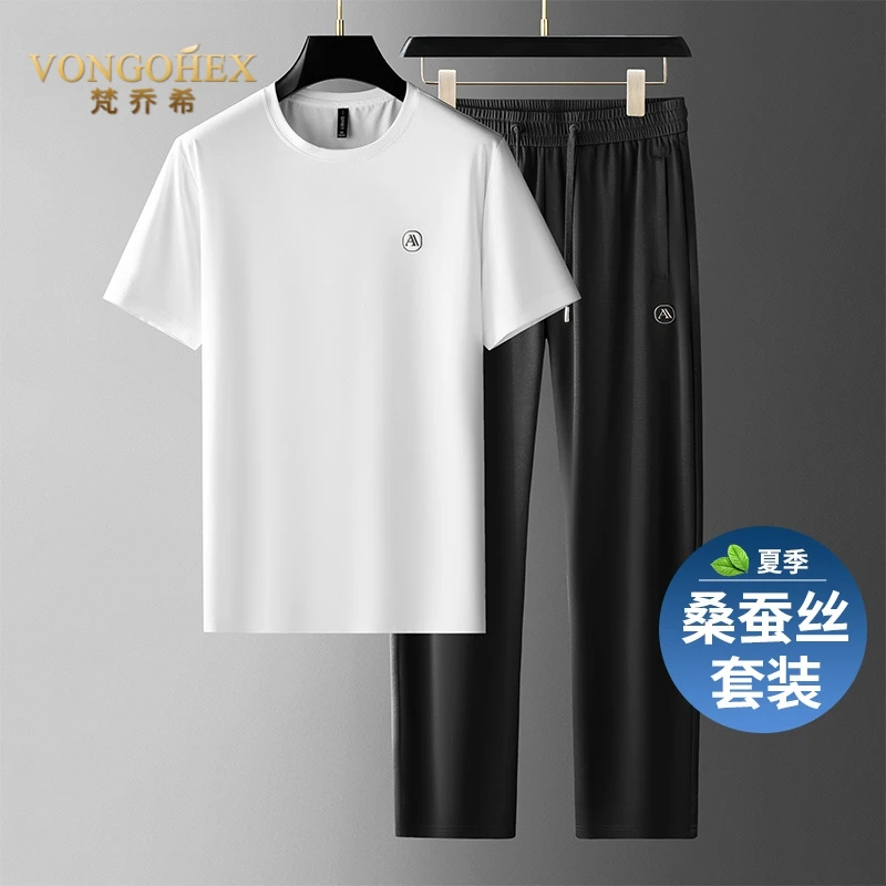 VONGOHEX休闲运动套装男2025新款桑蚕丝夏季薄款冰丝短袖两件套