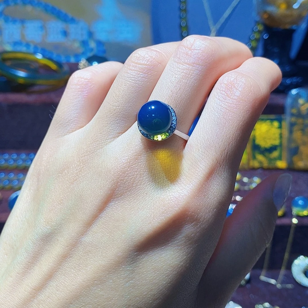 蓝珀银S925镶嵌戒指10mm高蓝净水