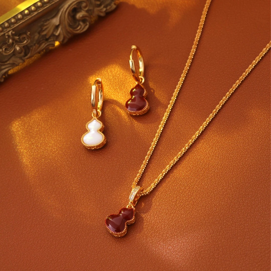 铜合金贝壳耳饰 天然白贝安克拉红葫芦款一款两戴耳环项链