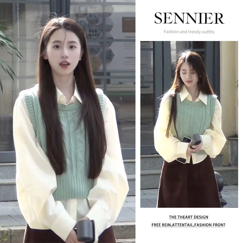 秋季穿搭一整套2025新款百搭长袖衬衫叠穿针织马甲显瘦短裙三件套