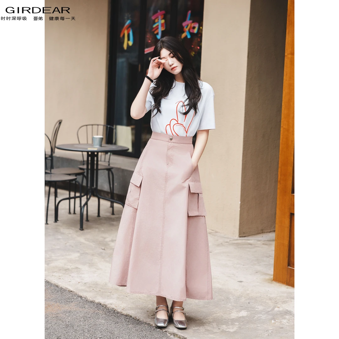 GIRDEAR/哥弟春夏新款时尚舒适百搭两边口袋中长款半身裙女120002