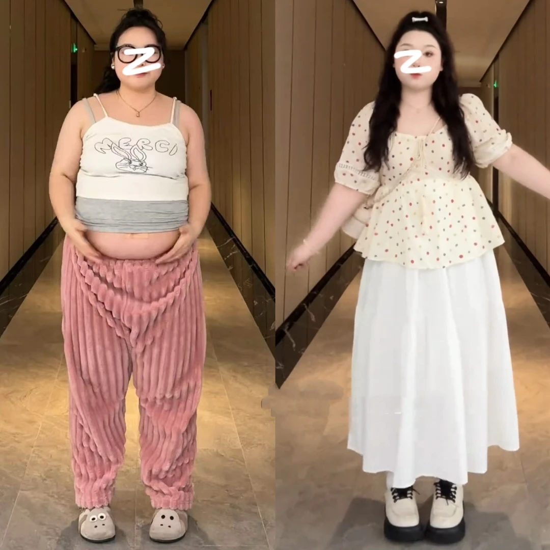 大码时尚套装女夏季彩色波点衬衫上衣胖MM白色高腰垂感半裙两件套