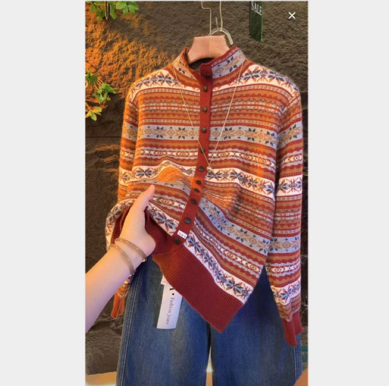 新款浣熊绒费尔岛半高领复古提花秋冬宽松毛衣长袖针织开衫女