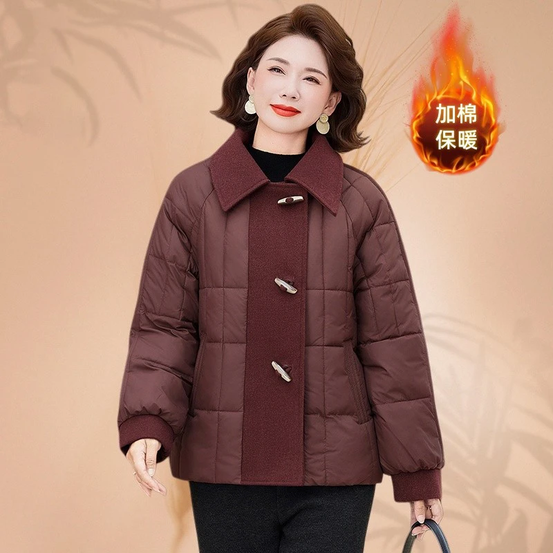 2025冬季新款气质妈妈装棉服百搭翻领休闲中老年女装宽松大码外套