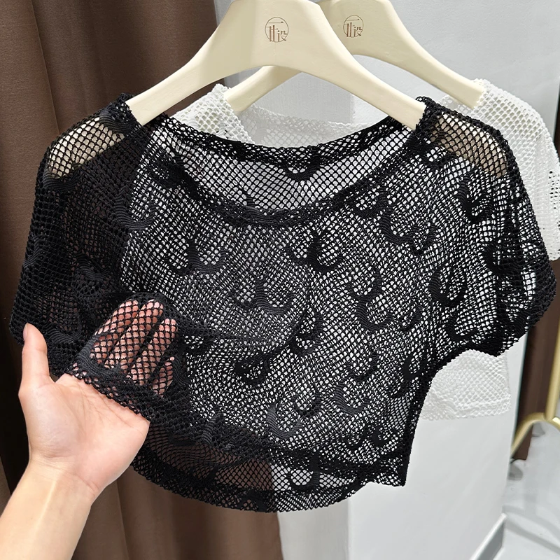 黑色透视镂空网纱短袖T恤上衣女2025夏季圆领轻薄蕾丝性感打底衫