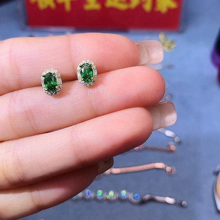 透辉石耳钉银S925镶嵌