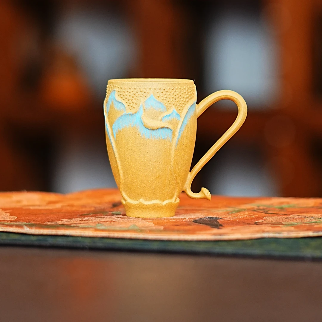 宜兴原矿紫砂全手工黄金段泥莲蓬莲花花器带手把紫砂闻香主人杯