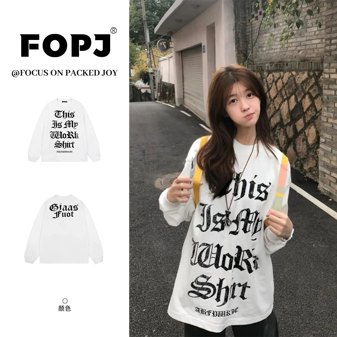 FOPJ美式高街印花长袖T恤女春季新款慵懒风纯棉休闲宽松圆领上衣
