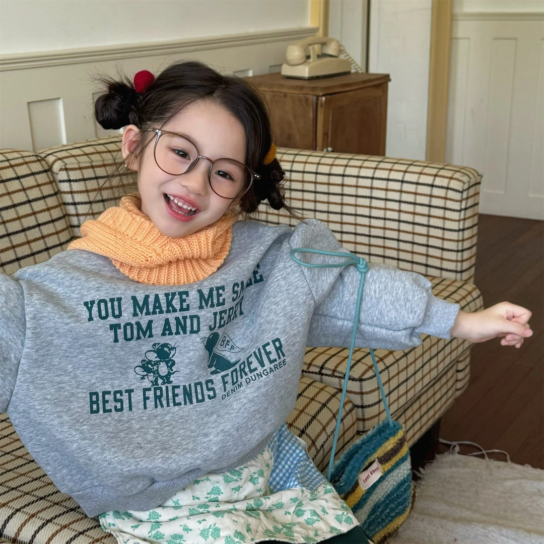 ab.baby童装【猫和老鼠】】秋冬装儿童韩版复合一体绒卫衣短款上衣