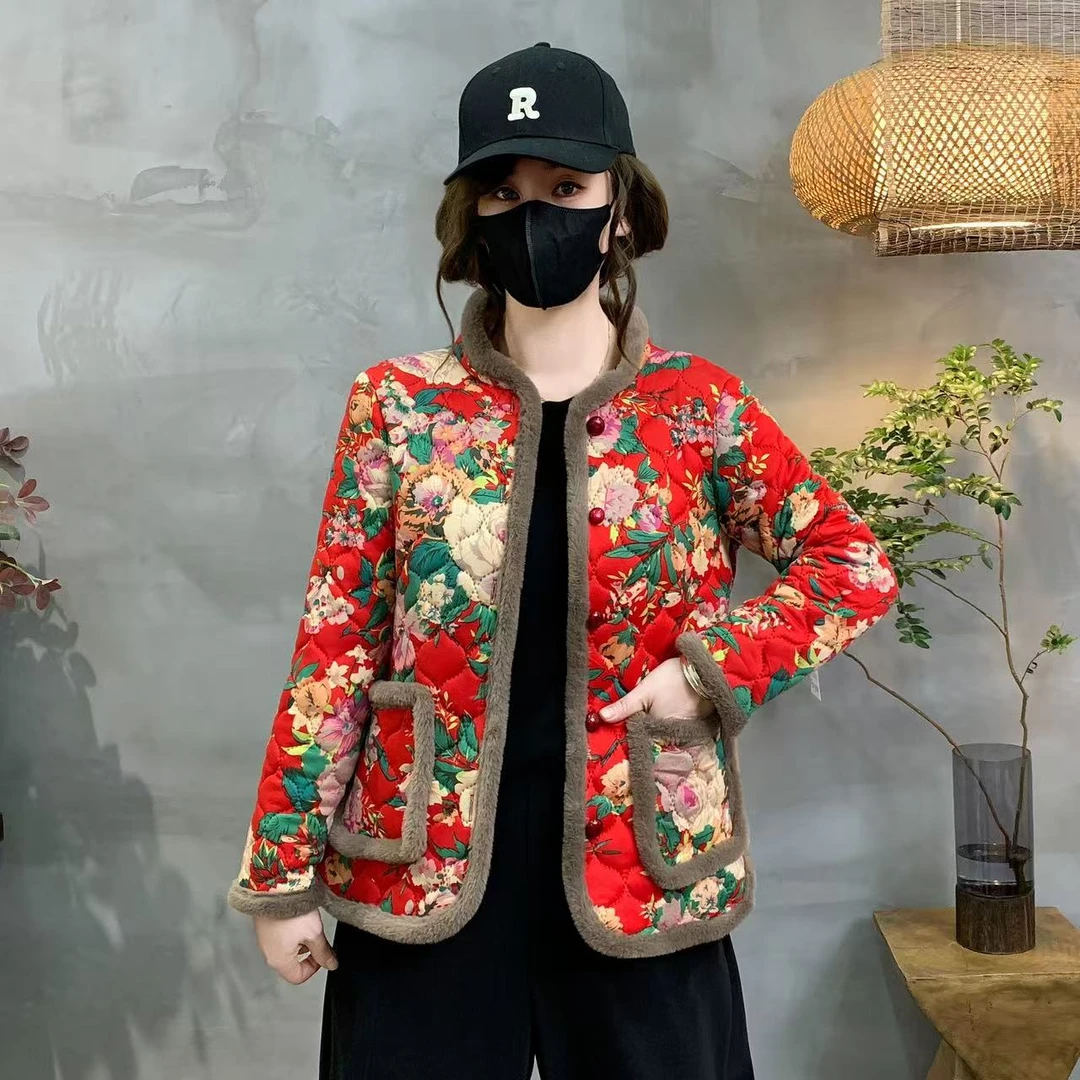 古村妹宠粉2025冬季新款大花民族风棉衣复古大花袄棉服印花国风