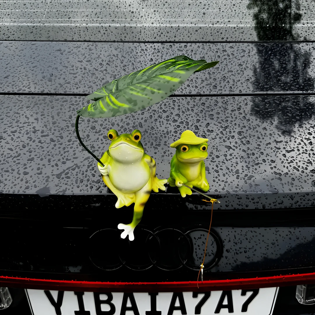 车载可爱悠闲坐姿青蛙撑伞青蛙钓鱼创意玩偶车尾中控台摆件装饰品