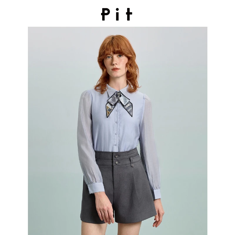 pit复古法式蓝色衬衫女百搭内搭叠穿长袖蝴蝶结衬衣2025新款上衣