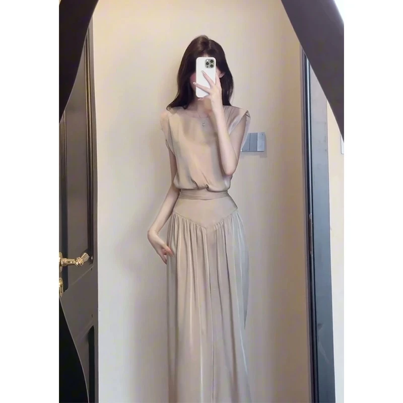 时尚套装女夏季圆领无袖缎面上衣设计感高腰宽松阔腿长裤子两件套