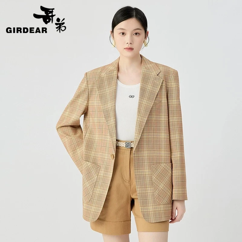 GIRDEAR/哥弟共享衣橱系列时尚廓形一粒扣格子西装外套140045