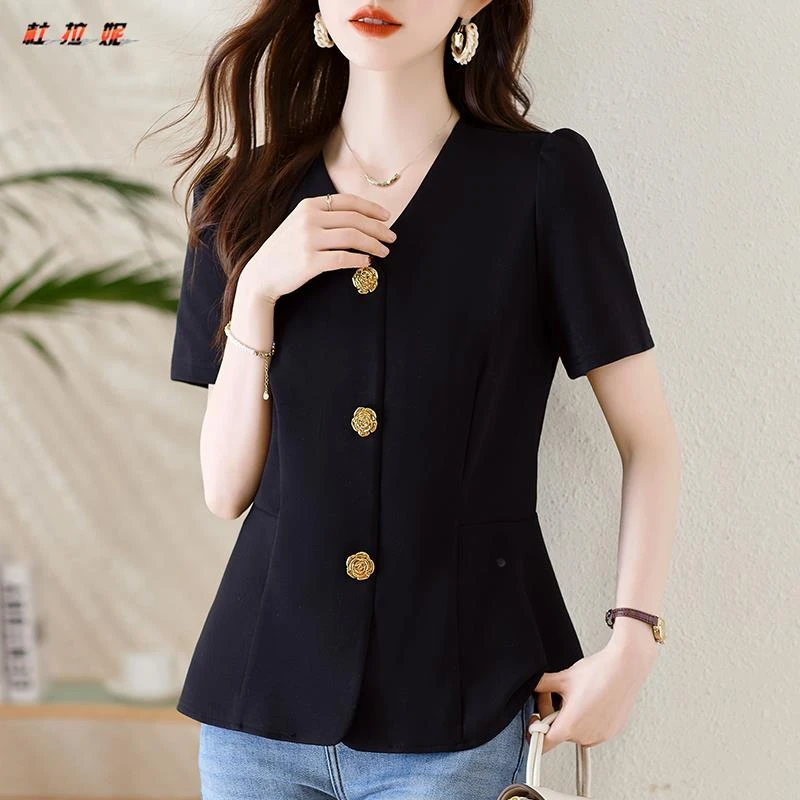 杜拉妮法式V领气质纯色短袖T恤女士秋季新款大码休闲宽松简约上衣