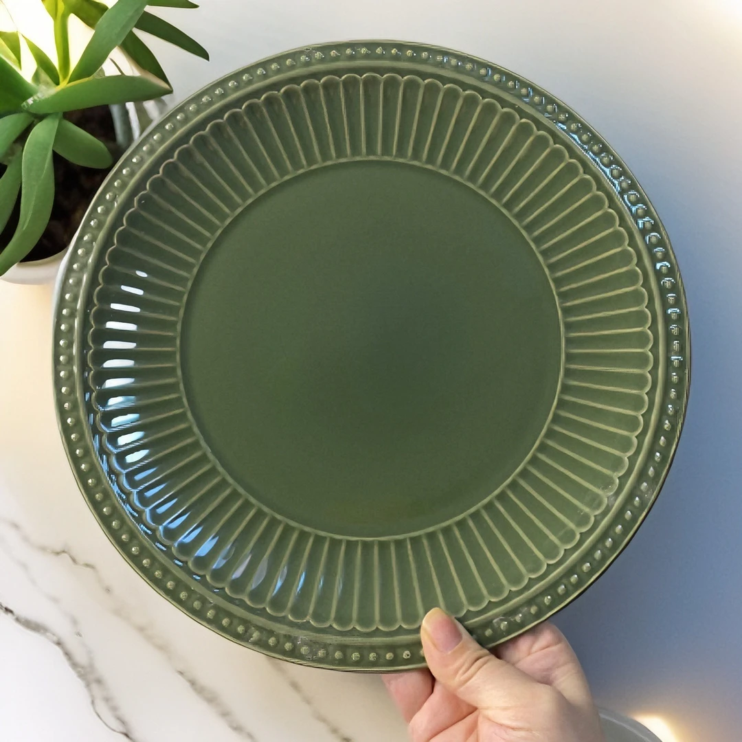 124默认微瑕绿色浮雕10.5英寸内径6.5的大盘高颜值盘子