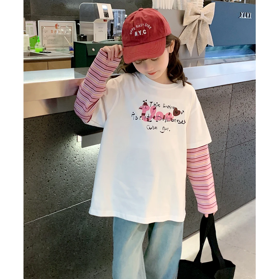 女童长袖T恤纯棉2025春秋新款儿童假两件打底衫上衣秋装T25019