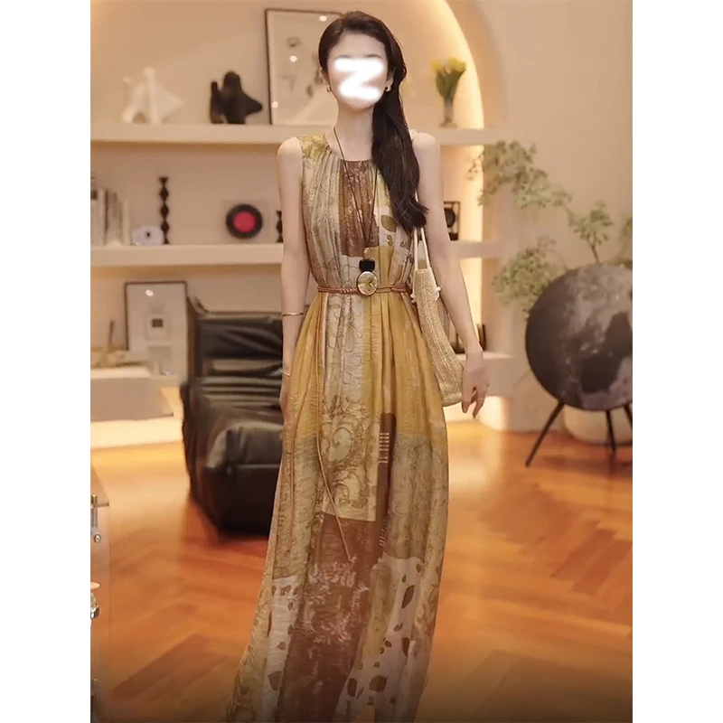 复古波西米亚风无袖背心裙连衣裙女夏季海边设计感裙子A字裙长裙