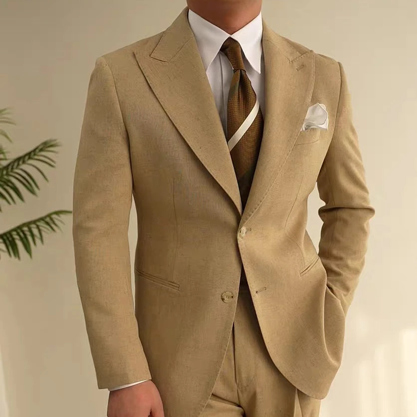 常发2025春夏新品浅棕色西装套装绅装休闲外套意式那不勒斯西服男