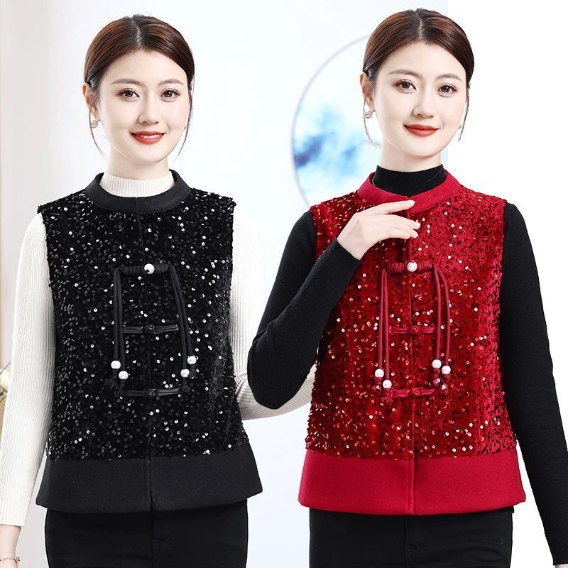 新中式国风盘扣亮片妈妈过年衣服春秋叠穿外搭马甲轻奢妈妈装上衣