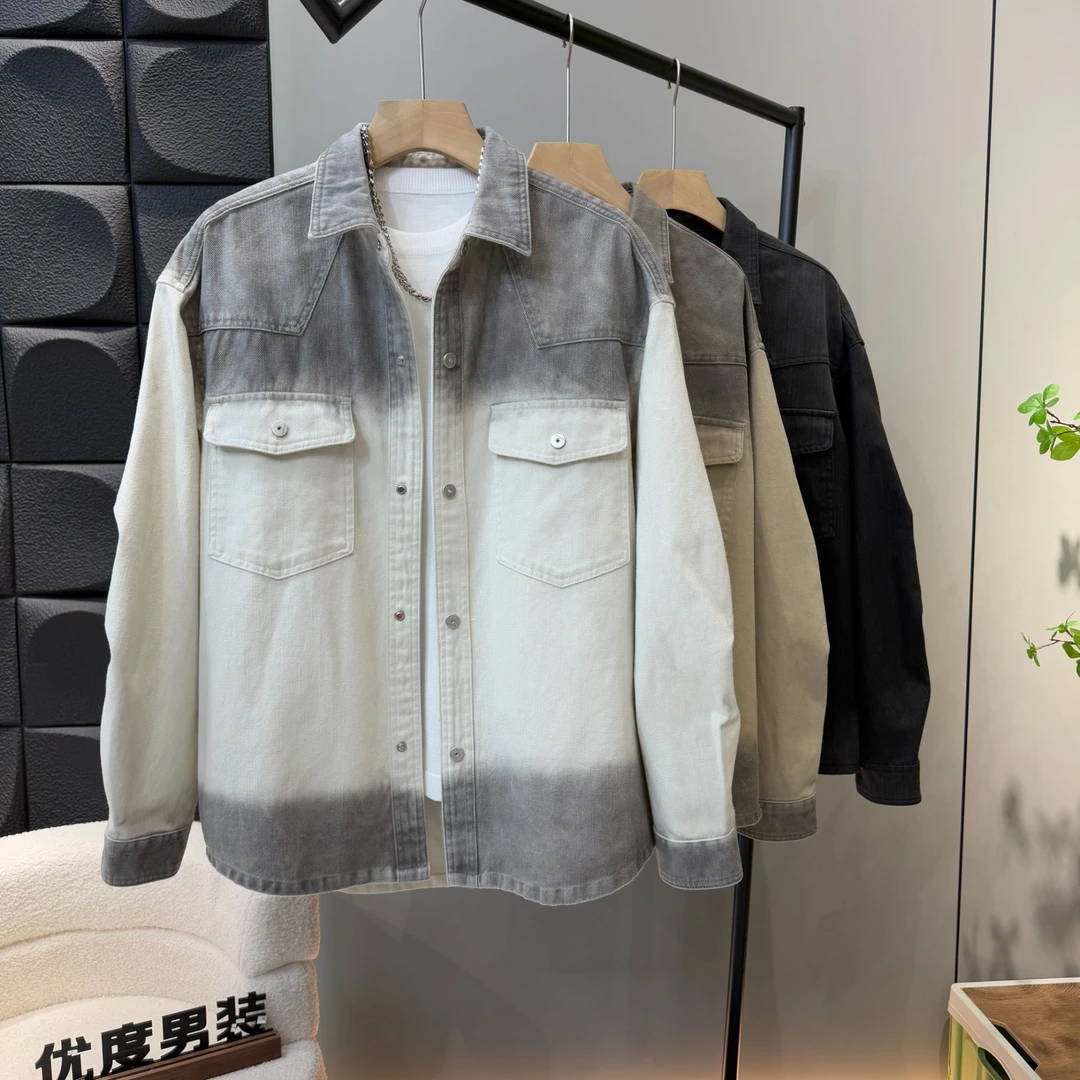 2025复古做旧撞色潮流双口袋长袖衬衫春季新款男士上衣8026