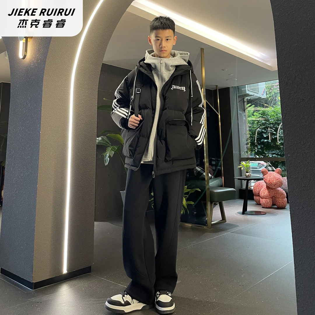 【欧】潮牌青少年织带杠条假两件连帽羽绒服休闲冬季外套杰克睿睿