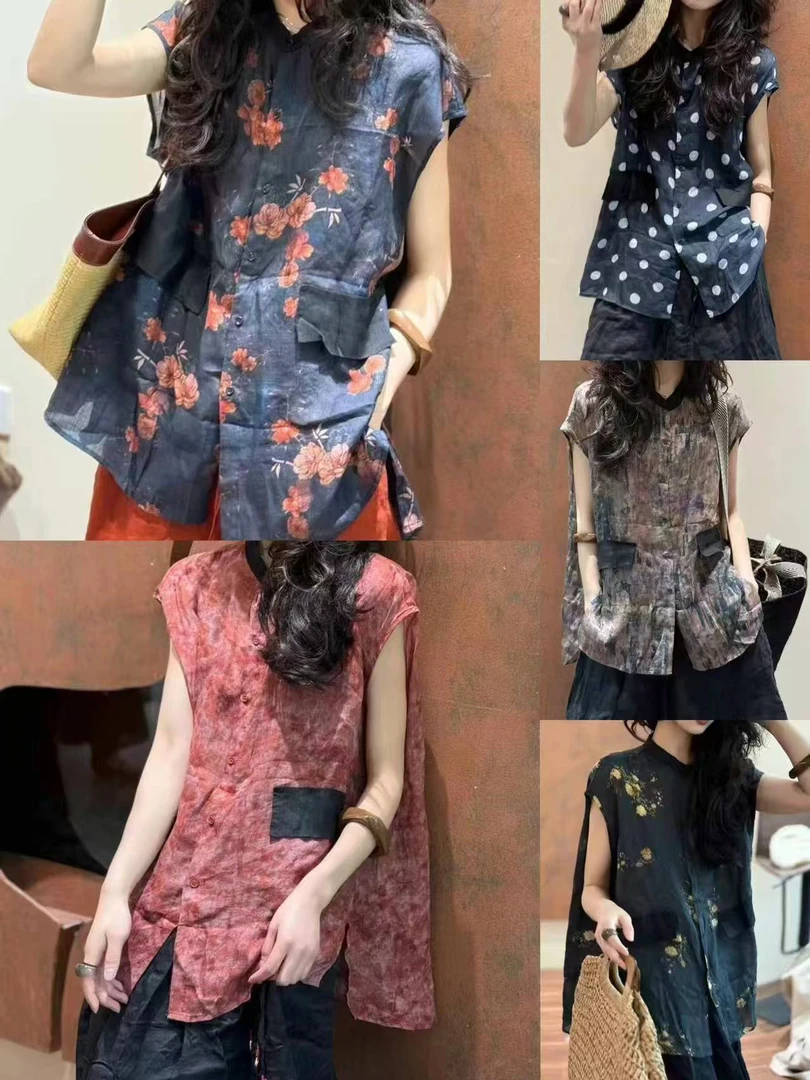 【若汐女装】休闲百搭文艺宽松大码遮肉薄款夏季复古苎麻衬衫737