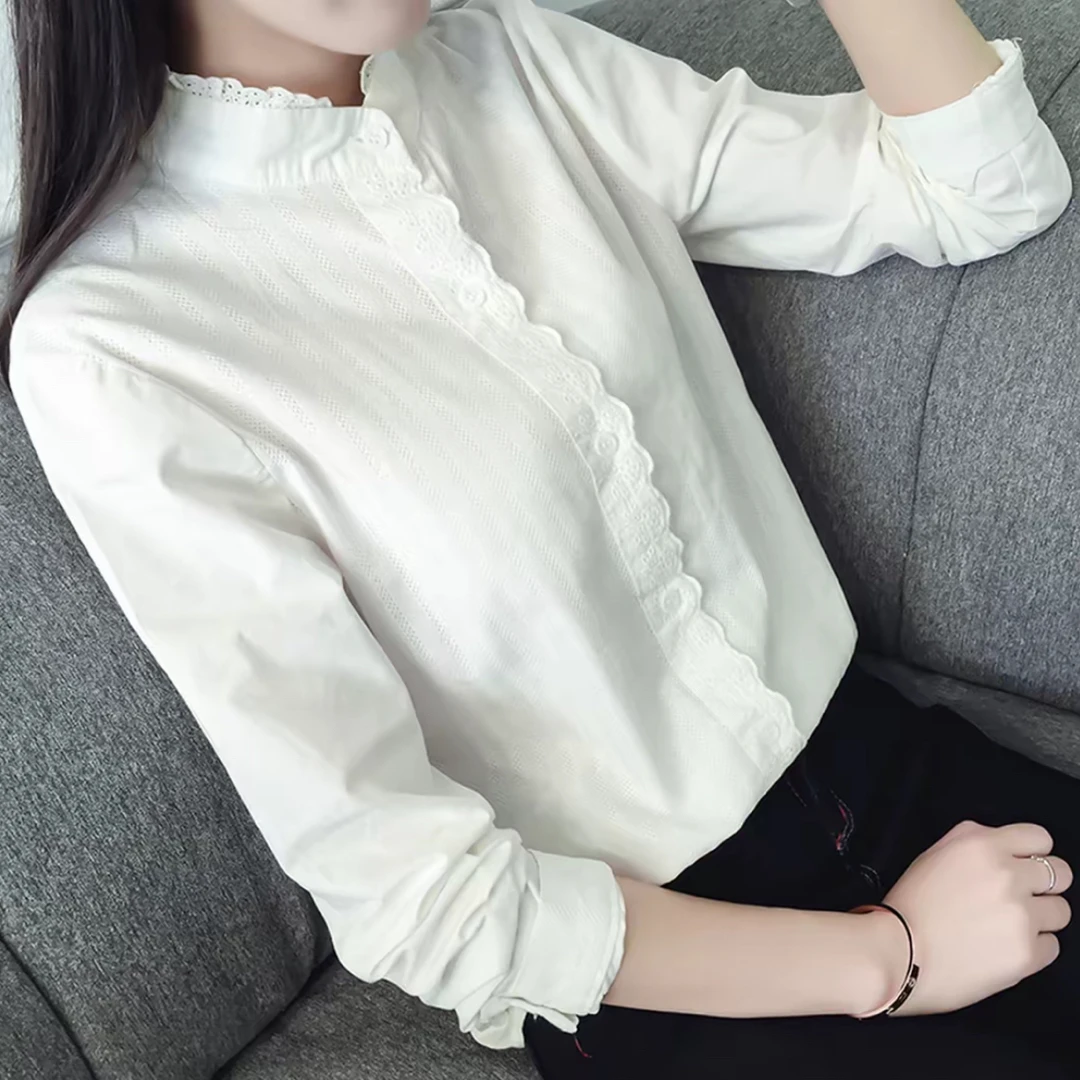蕾丝洋气叠穿长袖衬衫白色衬衫女秋冬衬衣加绒打底立领新款小个子