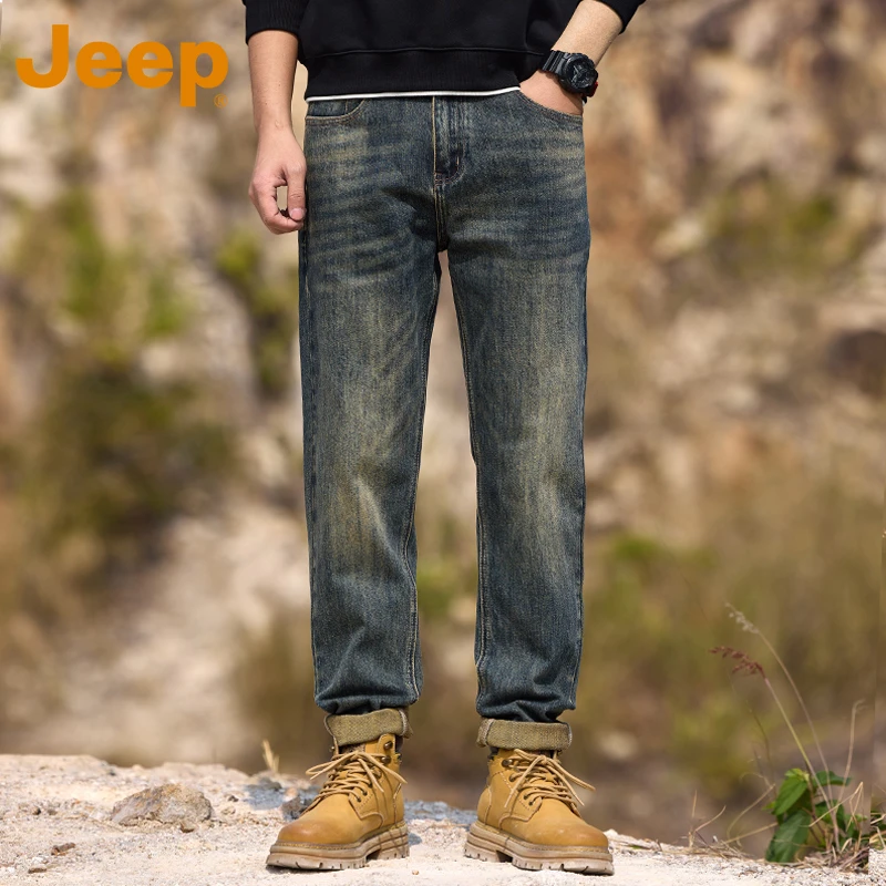 JEEP/吉普牛仔裤男士春秋季新款美式复古水洗做旧宽松直筒长裤男