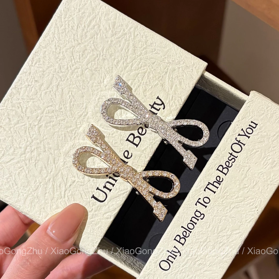 韩系爆闪水钻蝴蝶结发夹侧边夹鸭嘴夹冬日少女刘海发卡夹子头饰品