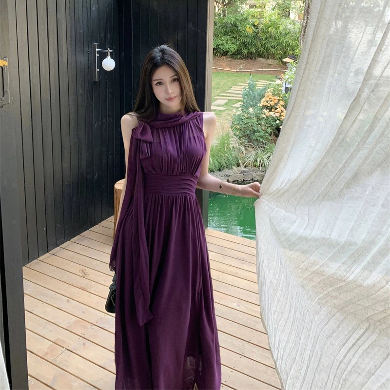 紫色飘带无袖背心连衣裙女夏季气质修身开叉裙子休闲收腰a字长裙