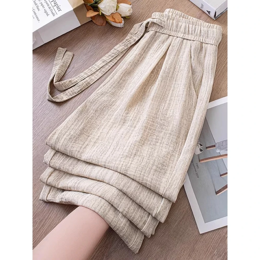 2025年新款轻薄冰丝阔腿裤女夏季高腰抽绳肌理感慵懒美式拖地裤女