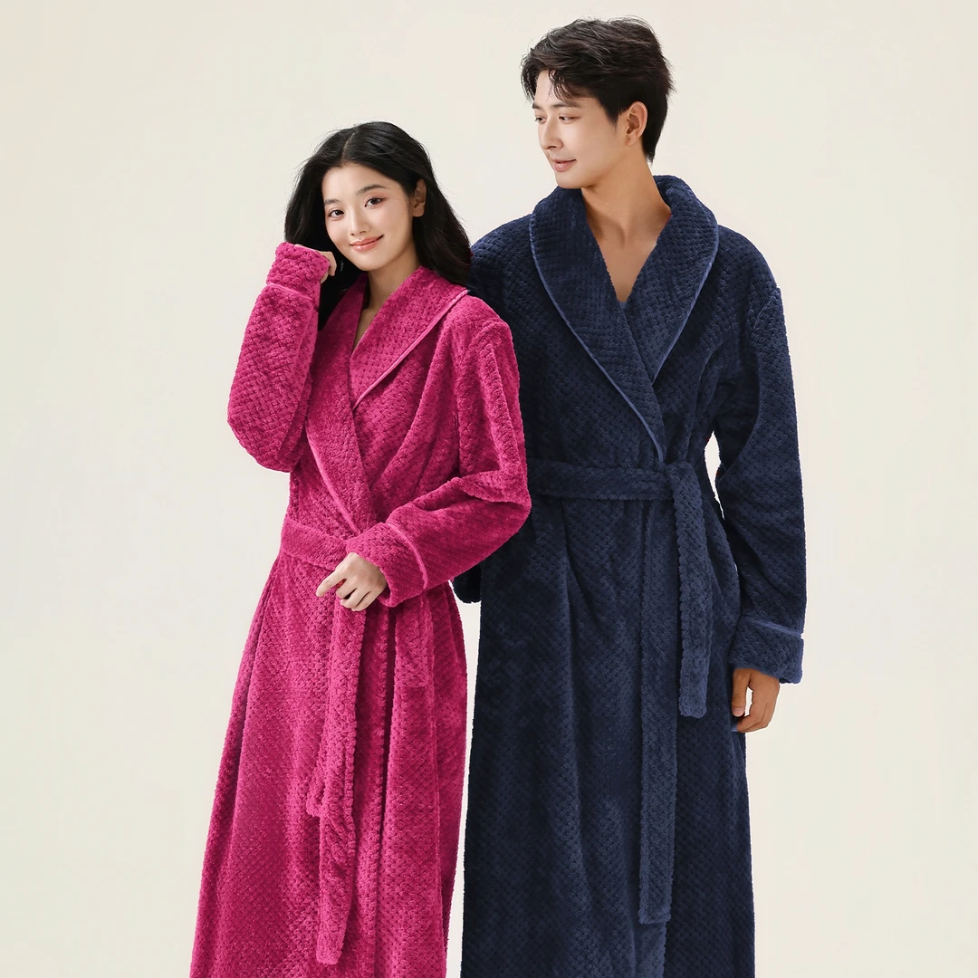加绒加厚睡衣套装秋冬季加绒加厚睡衣情侣中长款睡袍女士家居服