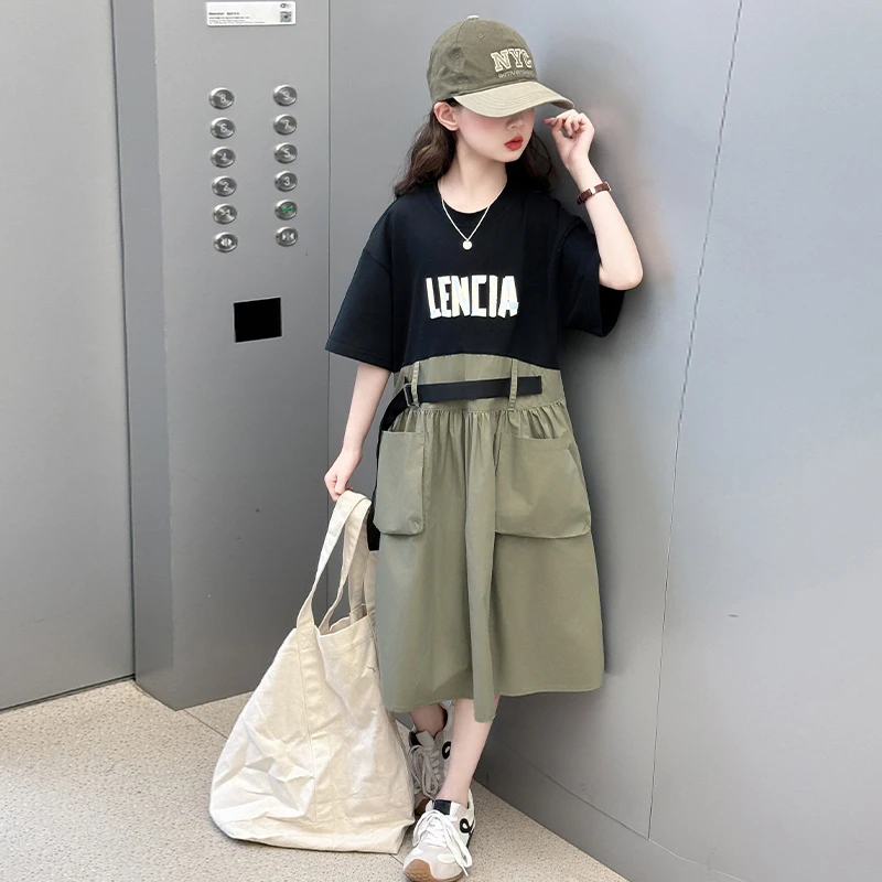 女童连衣裙夏季2025新款儿童短袖裙子6-12洋气女孩夏天A字工装裙