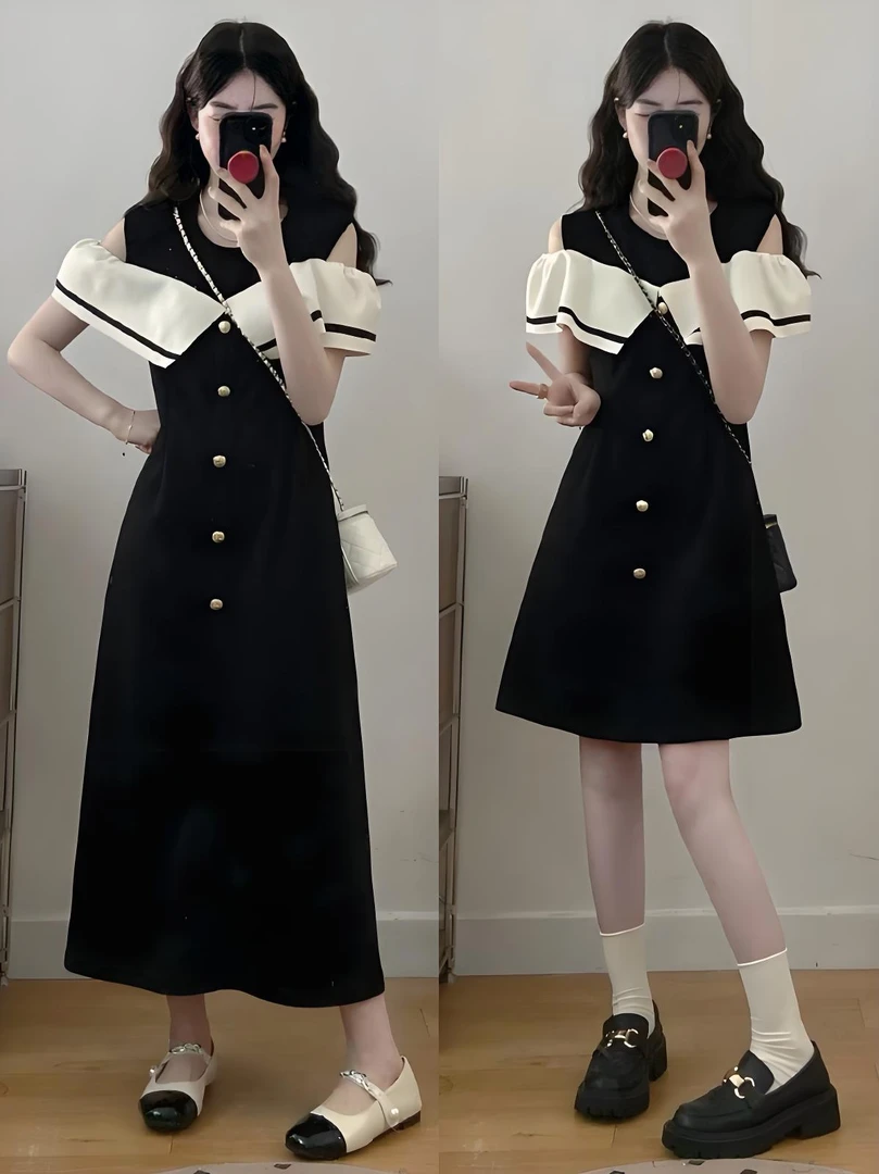 大码女装夏季新款胖mm露肩a字排扣拼色设计感连衣裙洋气长短裙子